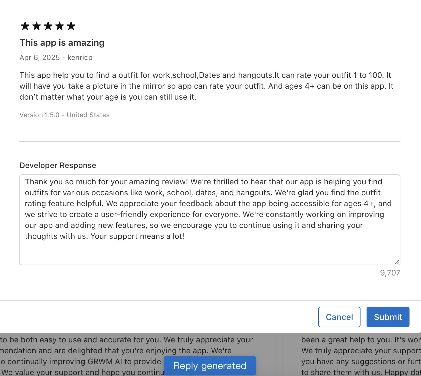 AI-generated comment example from App Review Manager